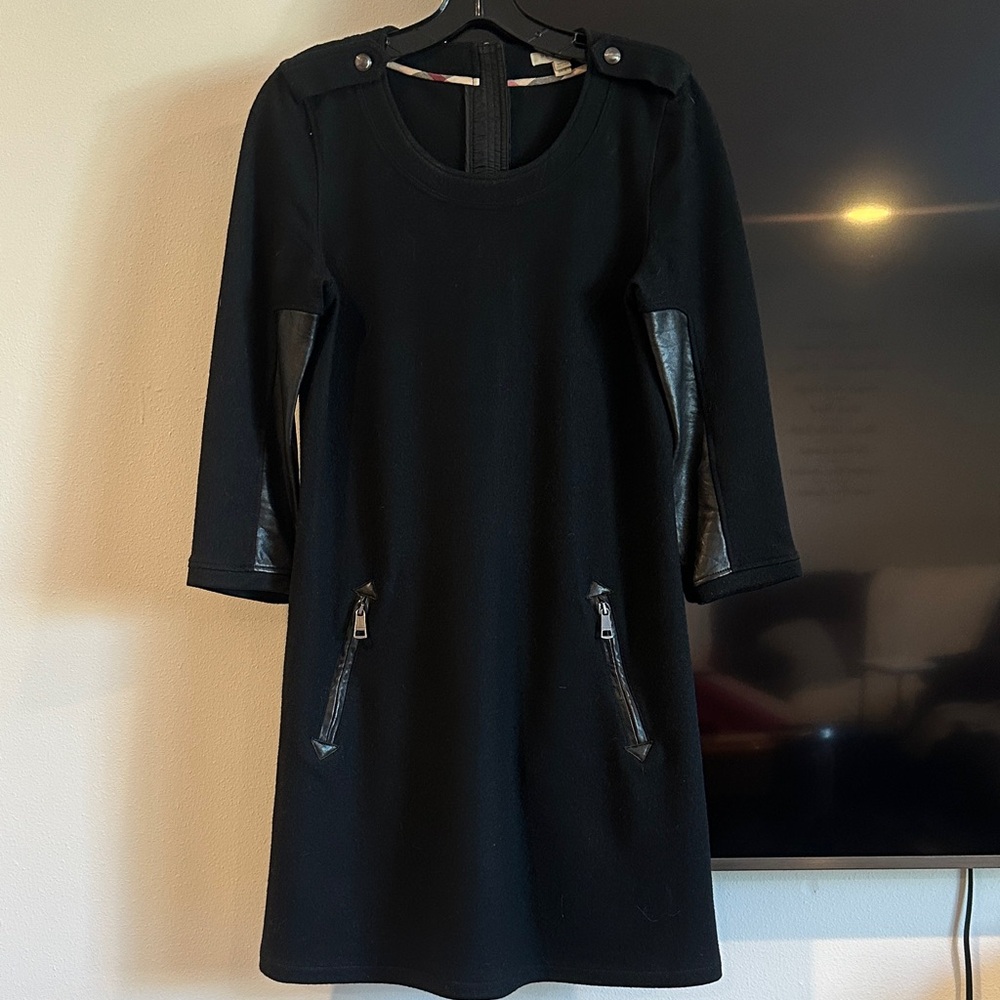 Burberry Black Long Sleeve Dress with Leather Details
